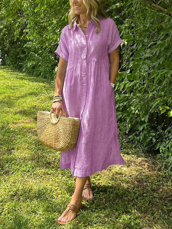 Women’s Striped Button-Front Midi Shirt Dress