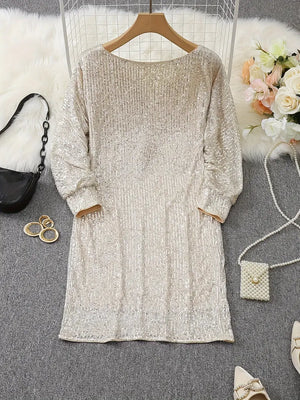Women’s Off-Shoulder Sequin Mini Dress with Batwing Sleeves