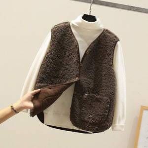 Women's Cosy Teddy Fleece Button-Front Vest with Front Pocket
