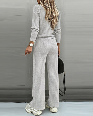 Women’s Ribbed Knit Lounge Set V-Neck Top & Pants