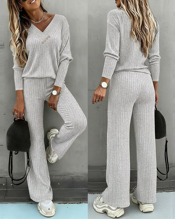 Women’s Ribbed Knit Lounge Set V-Neck Top & Pants