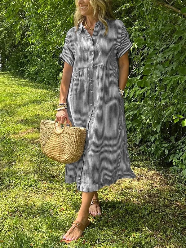 Women's Striped Button-Front Midi Dress with Relaxed Fit