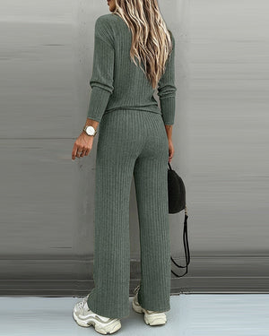 Women’s Ribbed Knit Lounge Set V-Neck Top & Pants