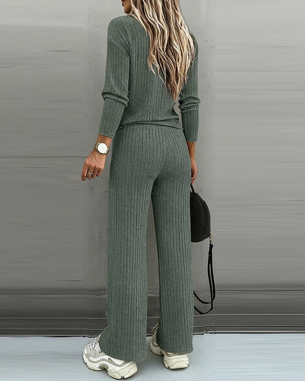 Women’s Ribbed Knit Lounge Set V-Neck Top & Pants