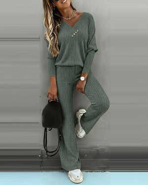 Women’s Ribbed Knit Lounge Set V-Neck Top & Pants