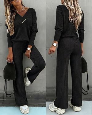 Women’s Ribbed Knit Lounge Set V-Neck Top & Pants