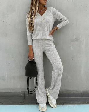 Women’s Ribbed Knit Lounge Set V-Neck Top & Pants
