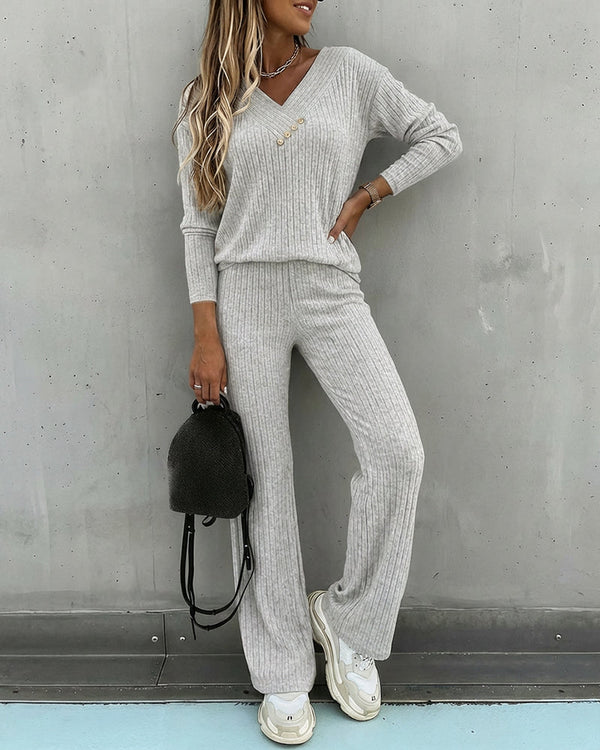 Women’s Ribbed Knit Lounge Set V-Neck Top & Pants