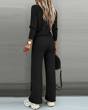 Women’s Ribbed Knit Lounge Set V-Neck Top & Pants