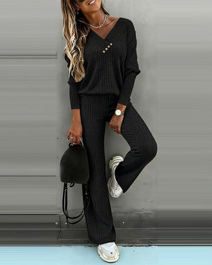 Women’s Ribbed Knit Lounge Set V-Neck Top & Pants