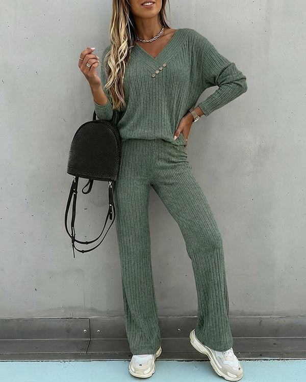 Women’s Ribbed Knit Lounge Set V-Neck Top & Pants
