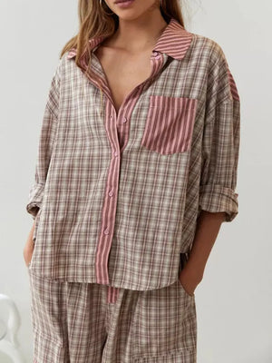 Women's Plaid Contrast Button-Up Pajama Set