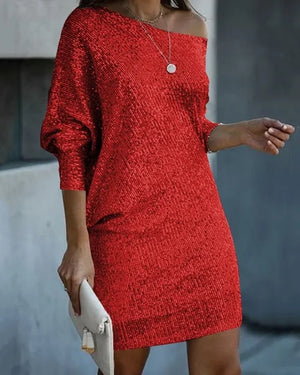 Women’s Off-Shoulder Sequin Mini Dress with Batwing Sleeves