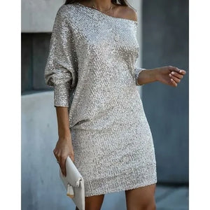 Women’s Off-Shoulder Sequin Mini Dress with Batwing Sleeves