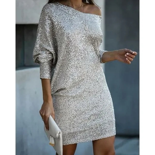 Women’s Off-Shoulder Sequin Mini Dress with Batwing Sleeves
