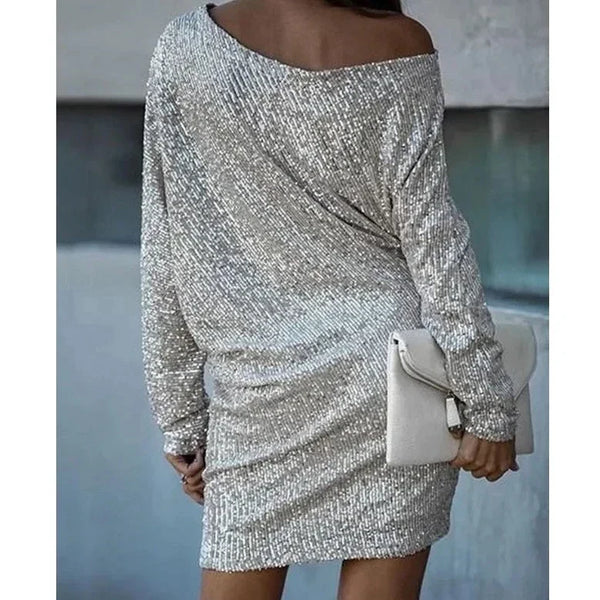 Women’s Off-Shoulder Sequin Mini Dress with Batwing Sleeves