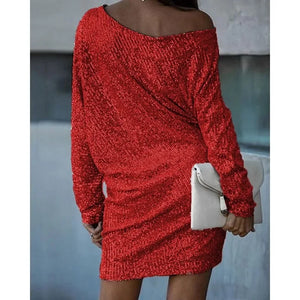 Women’s Off-Shoulder Sequin Mini Dress with Batwing Sleeves