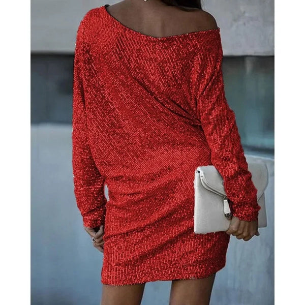 Women’s Off-Shoulder Sequin Mini Dress with Batwing Sleeves