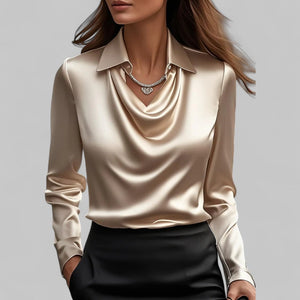 Draped Neck Satin Blouse with Long Sleeves