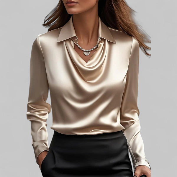 Draped Neck Satin Blouse with Long Sleeves