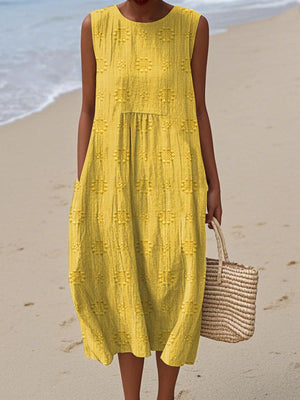 Women's Sleeveless Embroidered Midi Dress with Pockets