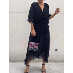 Women's V-Neck Wrap Midi Dress with Tie Waist