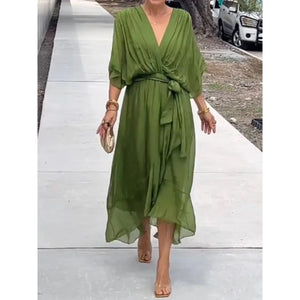 Women's V-Neck Wrap Midi Dress with Tie Waist