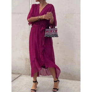Women's V-Neck Wrap Midi Dress with Tie Waist