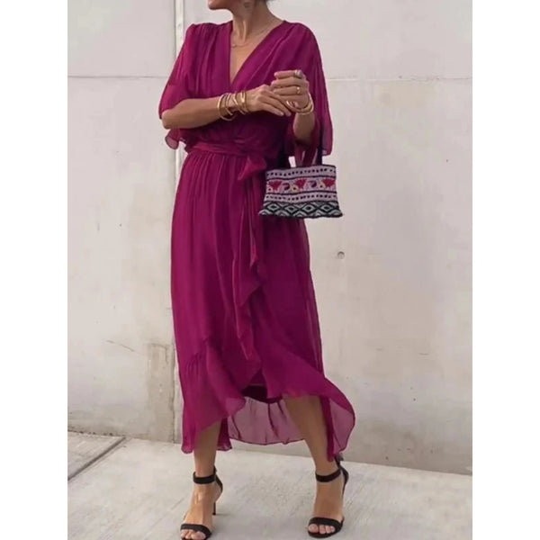 Women's V-Neck Wrap Midi Dress with Tie Waist