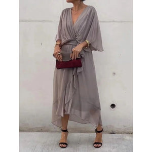 Women's V-Neck Wrap Midi Dress with Tie Waist