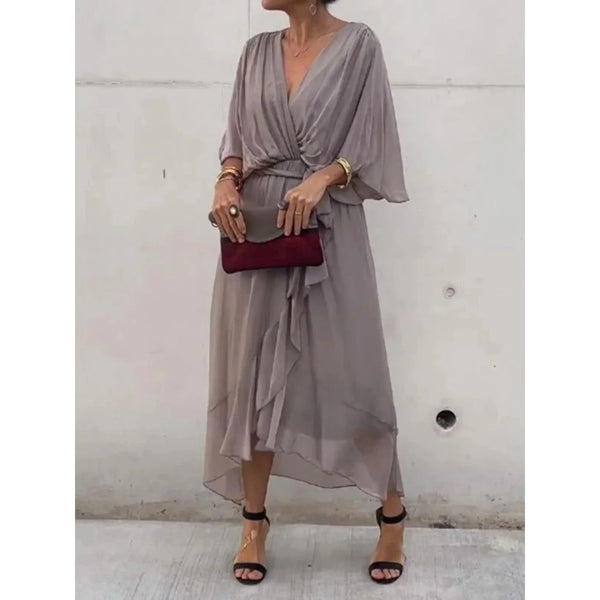 Women's V-Neck Wrap Midi Dress with Tie Waist