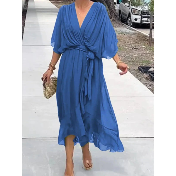 Women's V-Neck Wrap Midi Dress with Tie Waist