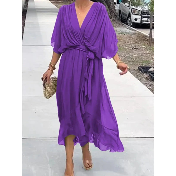 Women's V-Neck Wrap Midi Dress with Tie Waist