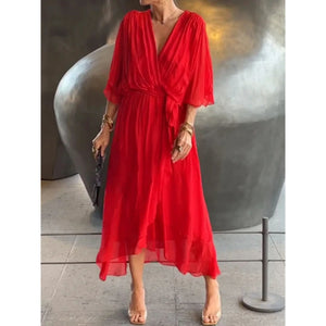 Women's V-Neck Wrap Midi Dress with Tie Waist