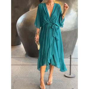 Women's V-Neck Wrap Midi Dress with Tie Waist