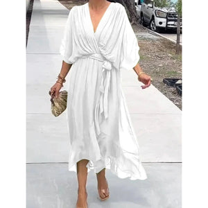 Women's V-Neck Wrap Midi Dress with Tie Waist