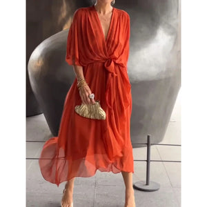 Women's V-Neck Wrap Midi Dress with Tie Waist