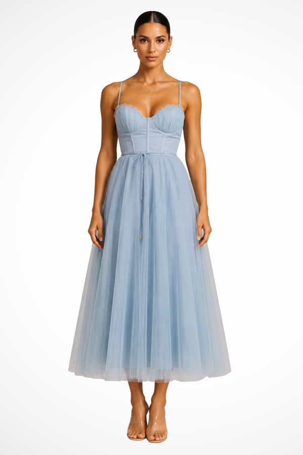 Women’s Corset Sweetheart Neck Tulle Midi Dress