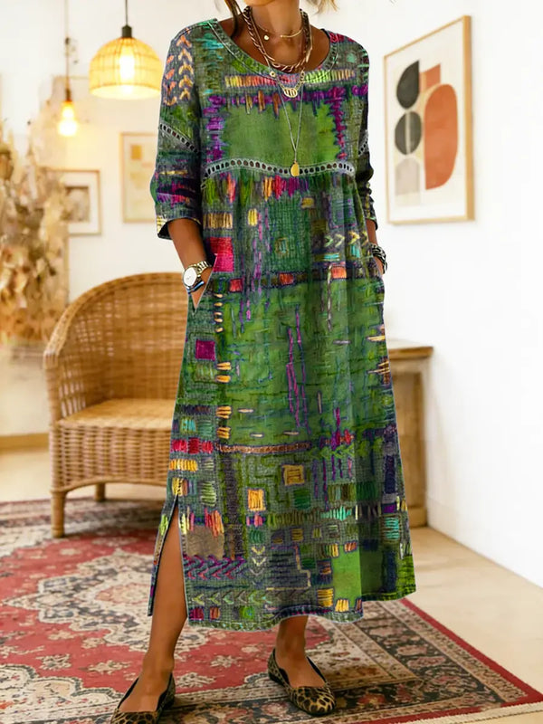 Women's Midi Dress with Artistic Print and Side Slit