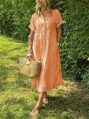 Women's Striped Button-Front Midi Dress with Relaxed Fit