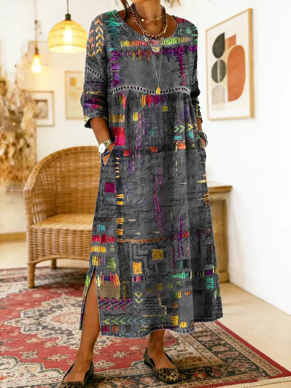 Women's Midi Dress with Artistic Print and Side Slit
