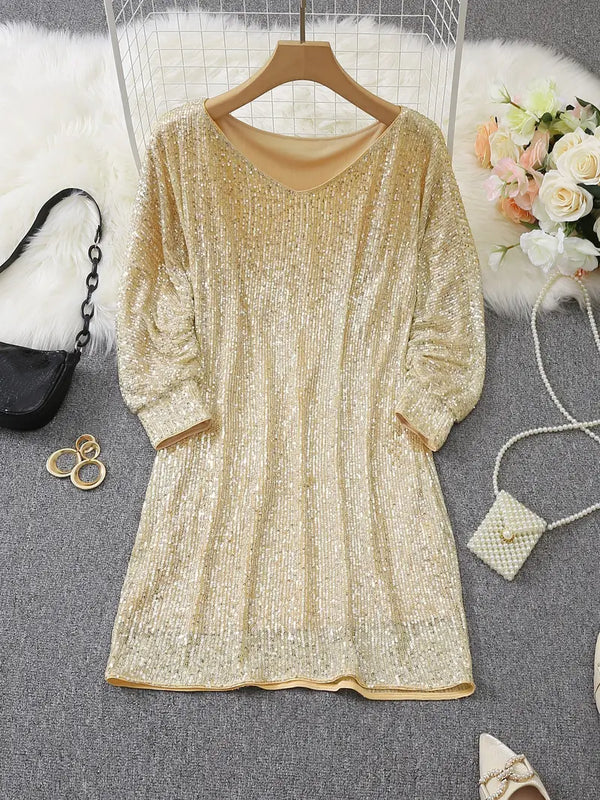 Women’s Off-Shoulder Sequin Mini Dress with Batwing Sleeves