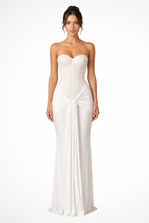 Vestido Maxi Sin Tirantes con Escote Corazón y Fruncido para Mujer