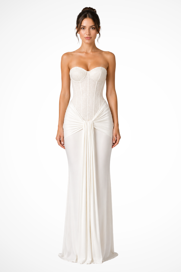 Vestido Maxi Sin Tirantes con Escote Corazón y Fruncido para Mujer