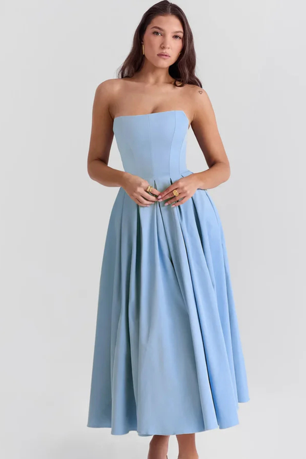 Women’s Strapless Flowy Midi Dress with Flared Skirt
