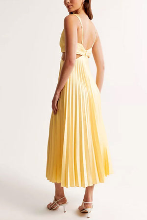 Women's V Neck Cut Out Waist Pleated Maxi Dress