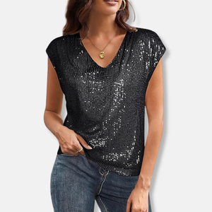 Sparkly Sequin V-Neck Top Relaxed Fit Cap Sleeve