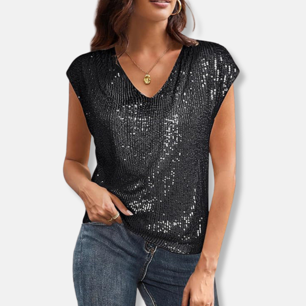 Sparkly Sequin V-Neck Top Relaxed Fit Cap Sleeve