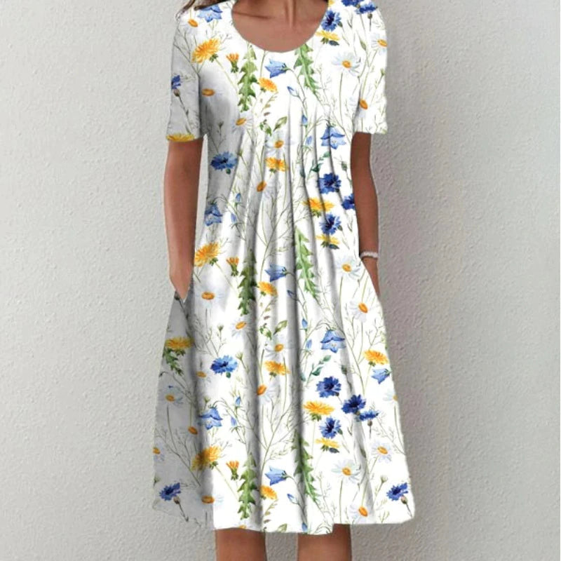Women's Floral Print Midi Dress with Short Sleeves and Flowy Silhouette