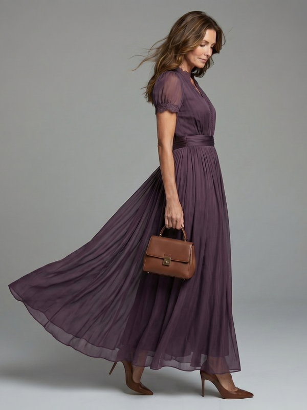 Women's Romantic Purple Maxi Dress with Sheer Puff Sleeves